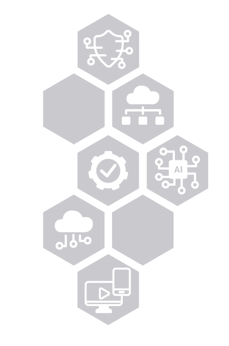 Illustration verschiedener IT-Bereiche mit Cybersecurity, Cloud, KI, Automatisierung und digitalen Anwendungen
