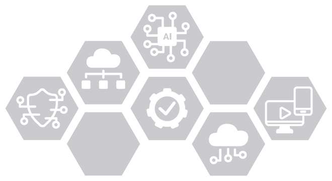 Illustration verschiedener IT-Bereiche mit Cybersecurity, Cloud, KI, Automatisierung und digitalen Anwendungen