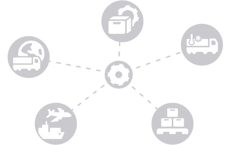 Illustration verschiedener Logistikbereiche mit Luftfracht, Seefracht, Landverkehr, Warehousing und Supply Chain